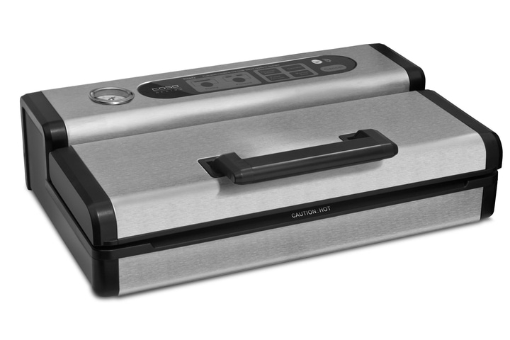 Vakuumiergerät mit Bedienfeld, Griff und Warnhinweis 'CAUTION: HOT' auf silbernem Gehäuse.