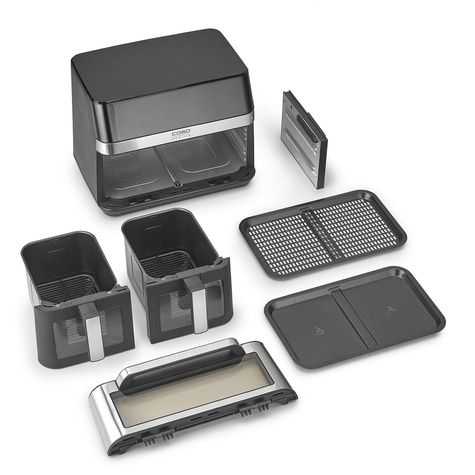 Explodierte Ansicht eines schwarzen Airfryers mit Zubehör und Einzelteilen.