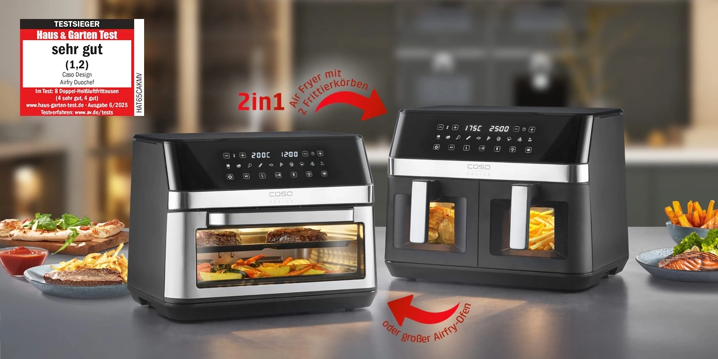 Zwei Caso Airfryer mit Doppel-Heißluftfritteusen und Kochfunktionen.