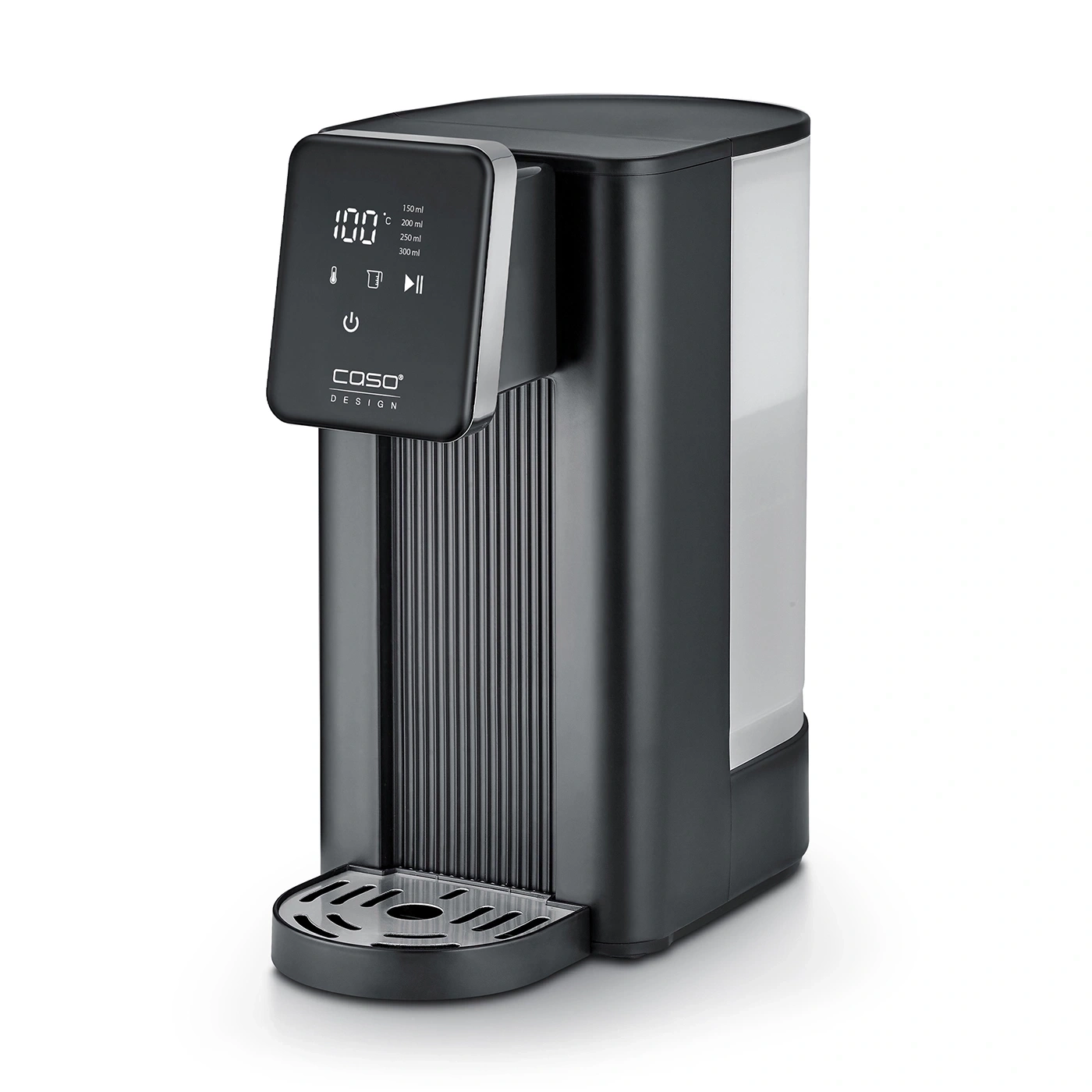 Un distributeur d'eau noir avec écran numérique et plateau d'égouttement.
