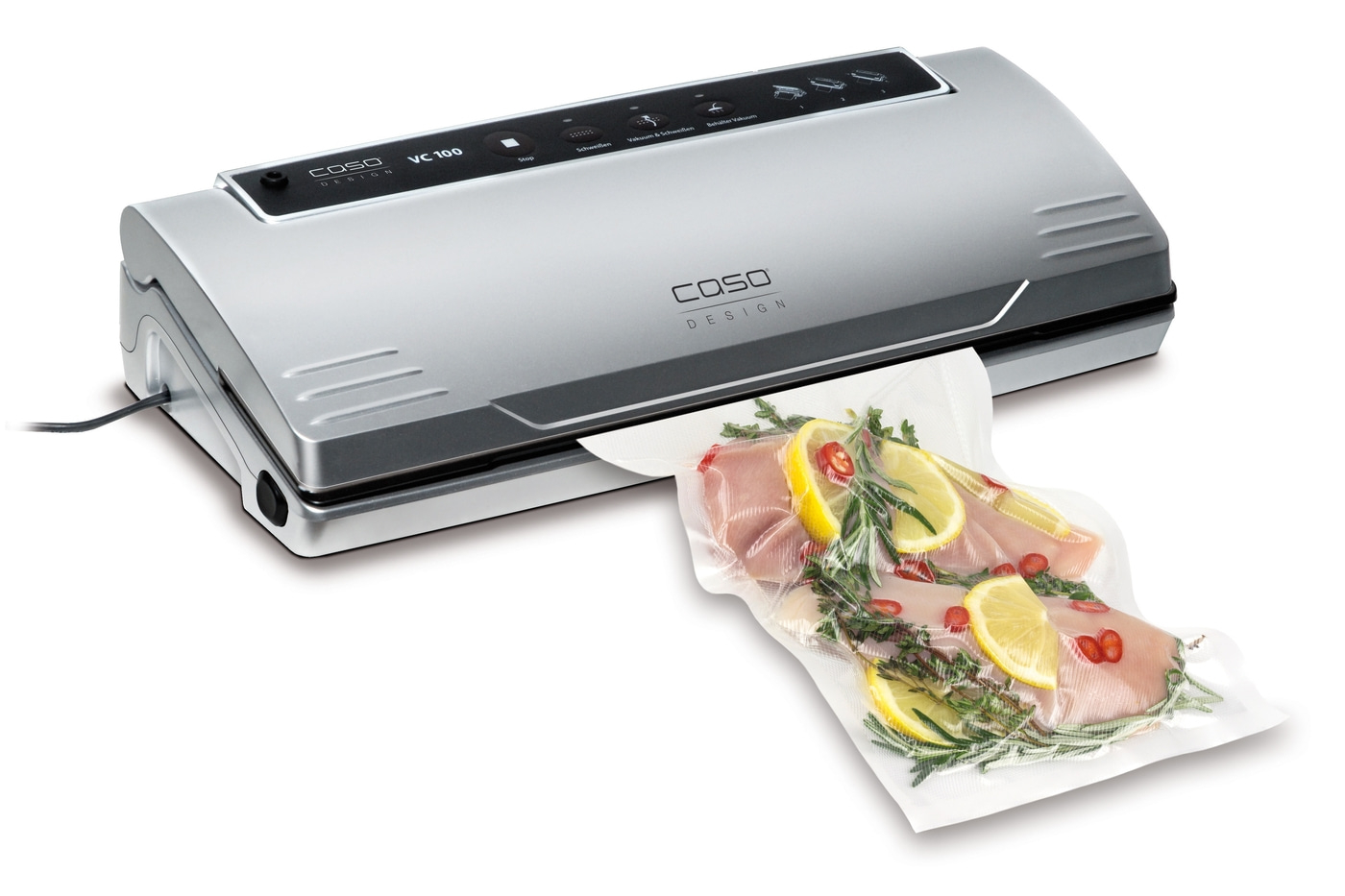 Vacuum sealer with meat, lemon, and herbs in a bag