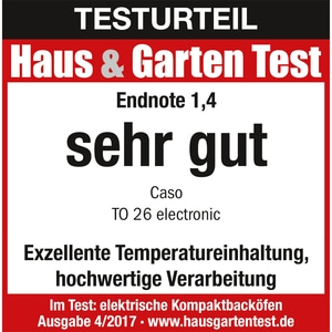 Haus & Garten Test, Endnote 1.4, very good, Caso TO 26 electronic, excellent temperature retention