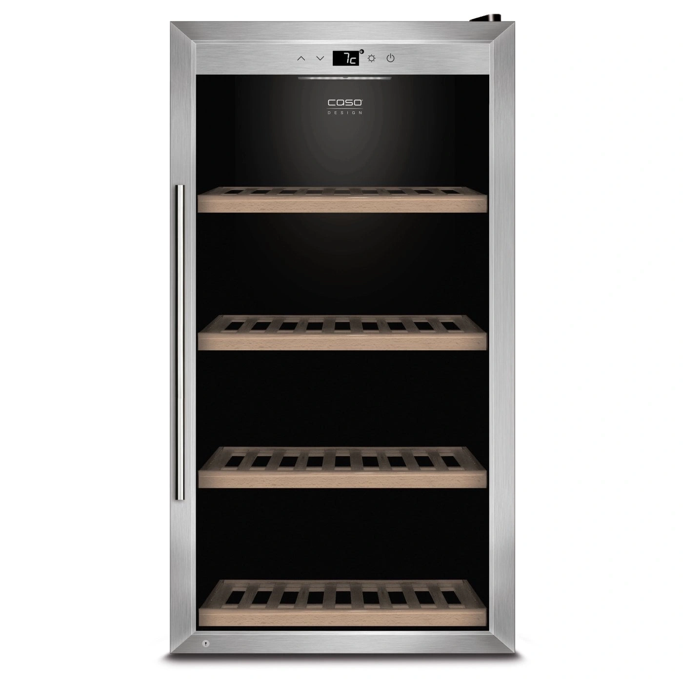 Weinkühlschrank mit Holzregalen und digitaler Temperaturanzeige
