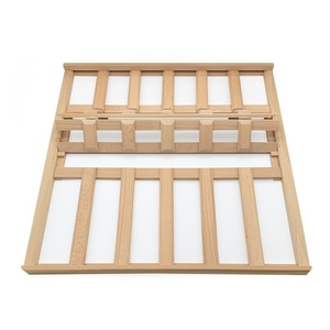Wooden frame with white spaces, open, for wine rack, detailed view