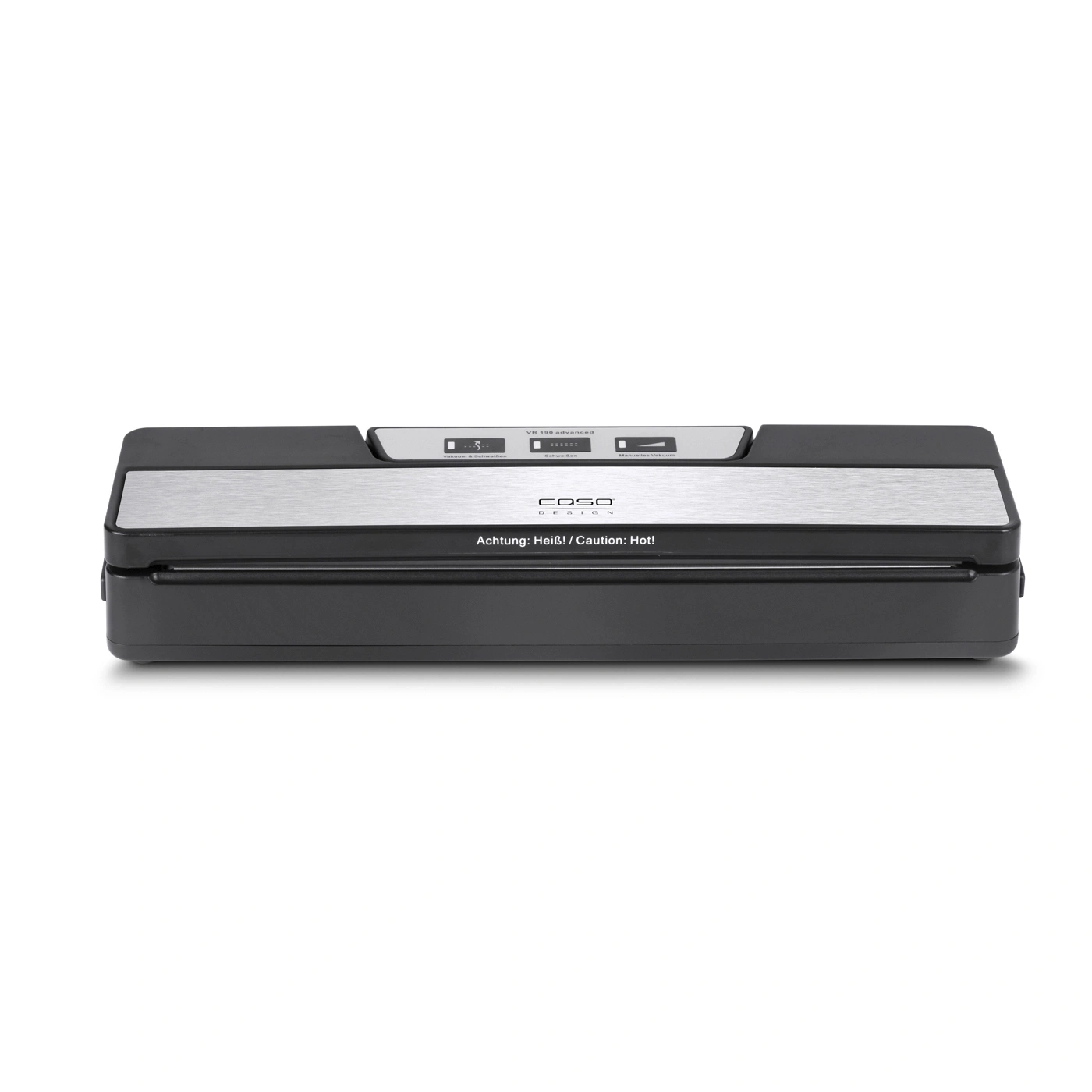 Black and silver vacuum sealer with control panel and warning label