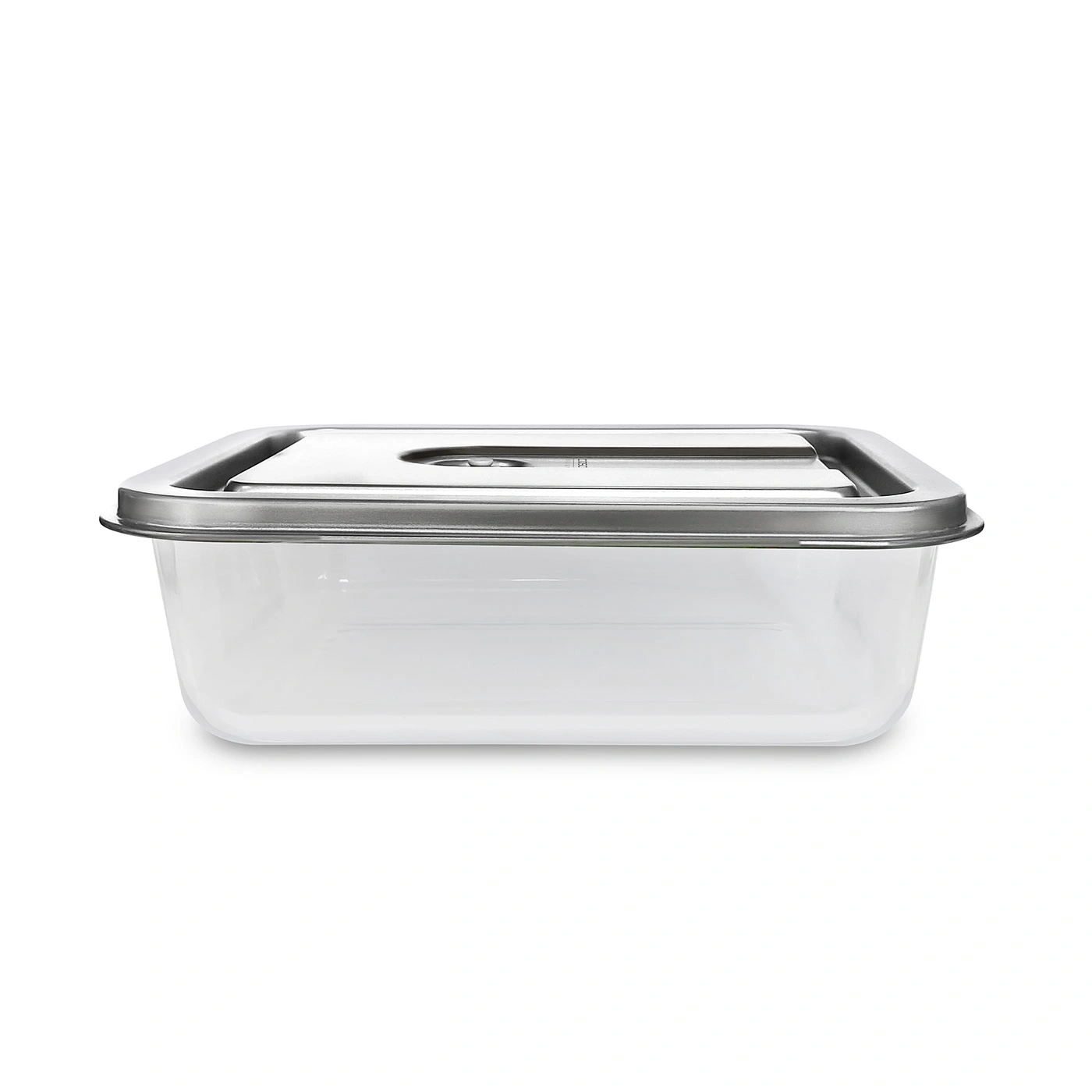 Clear rectangular storage container with silver lid, isolated on white background