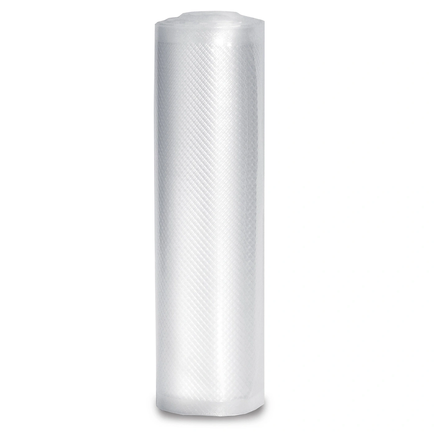 Roll of vacuum sealer bags, transparent, textured surface, food packaging, white background