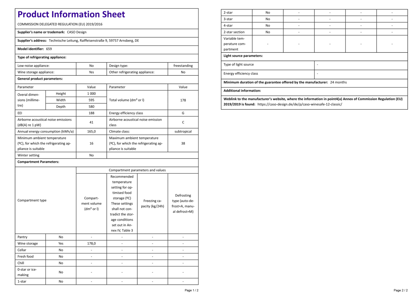Product data sheet: Refrigerator details, model 659, energy efficiency G, wine storage.