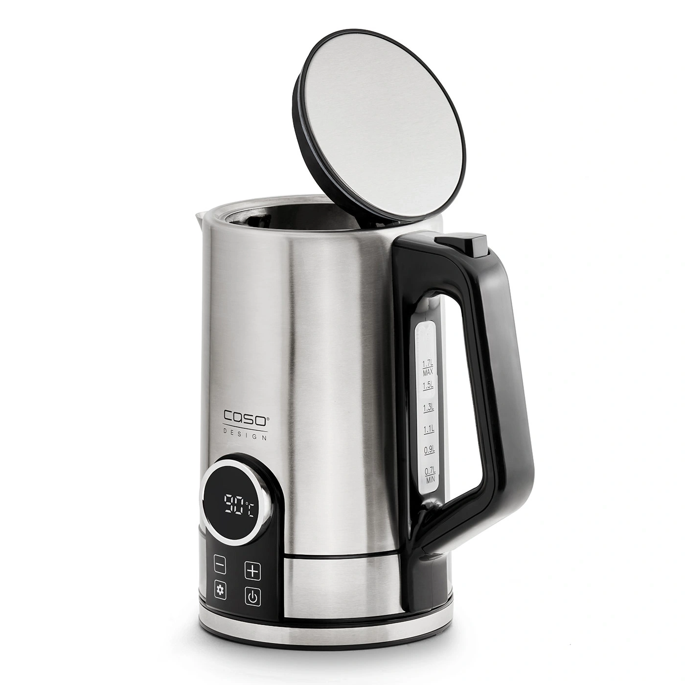 Stainless steel electric kettle with digital display and open lid, 90°C