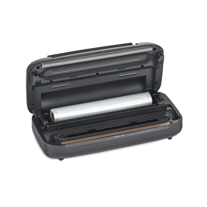 Vakuumiergerät mit offener Abdeckung und einer Rolle Folie