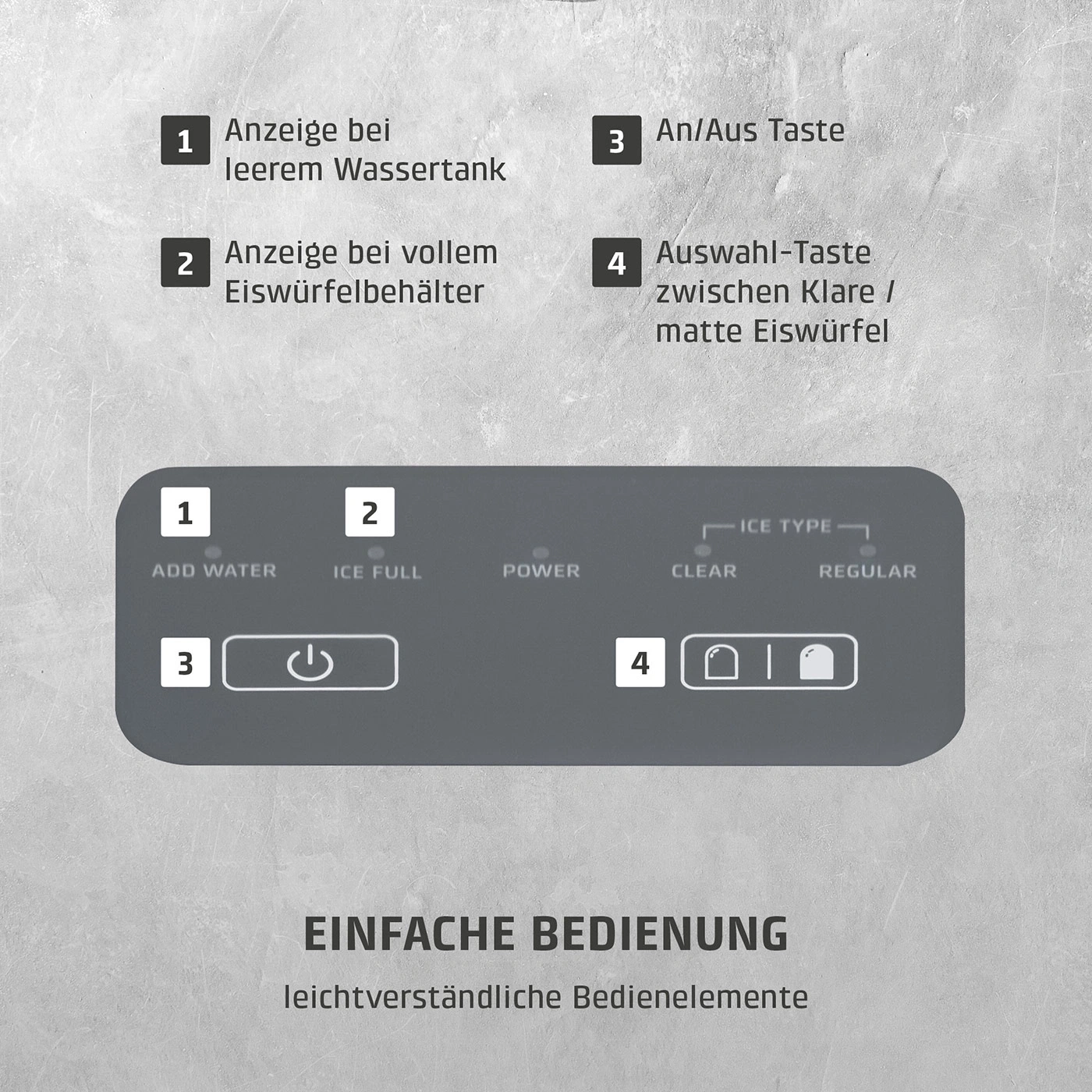 Bedienfeld einer Eismaschine mit Beschriftungen und Symbolen.