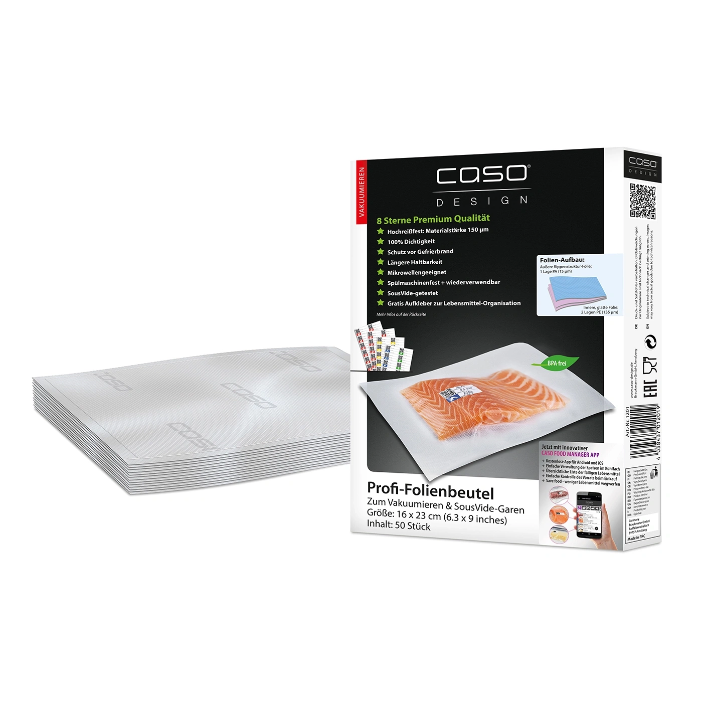 Ein Stapel Vakuumbeutel mit Lachs auf der Verpackung.