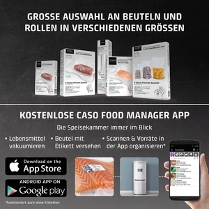ROULEAUX ET SACHETS DE VIDE CASO EN DIFFÉRENTES TAILLES ET L'APPLICATION FOOD MANAGER