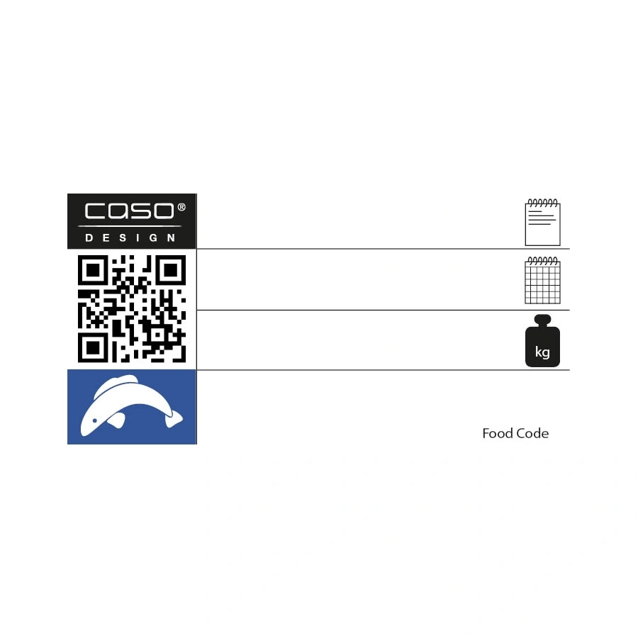 Logo, QR code, fish symbol, kg symbol, food code, notepad, calendar, design