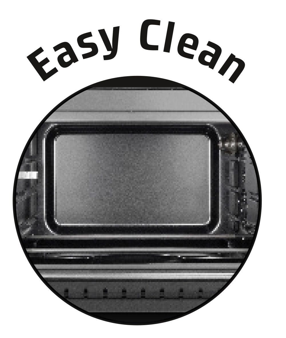 Ofen mit der Aufschrift 'Easy Clean' in einem Kreis, sauber und einfach.