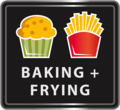 Logo mit Backen und Braten, Muffin und Pommes, schwarzer Hintergrund, weißer Text