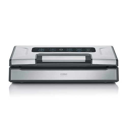 Ein silberner Vakuumierer mit Touchscreen-Bedienfeld und der Aufschrift CASO DESIGN