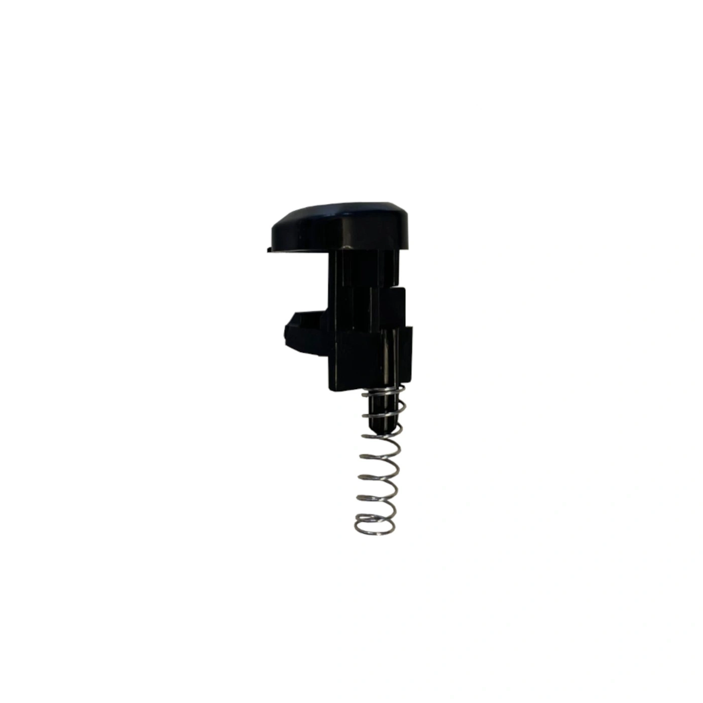 Black plastic part with spring, isolated on white background