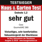 Test winner Haus & Garten Test, note 1.2, très bon, Caso GourmetVAC 380, machine sous vide
