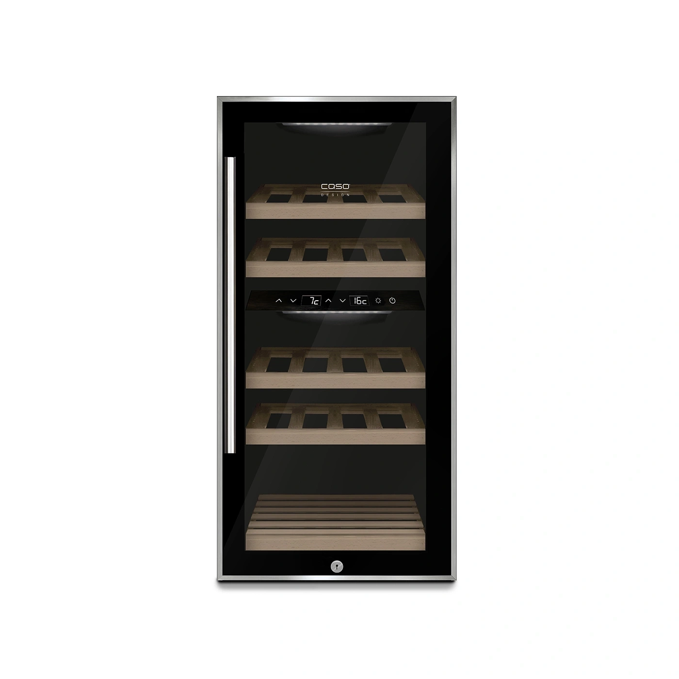Ein moderner Weinkühlschrank mit Glastür und Holzböden.