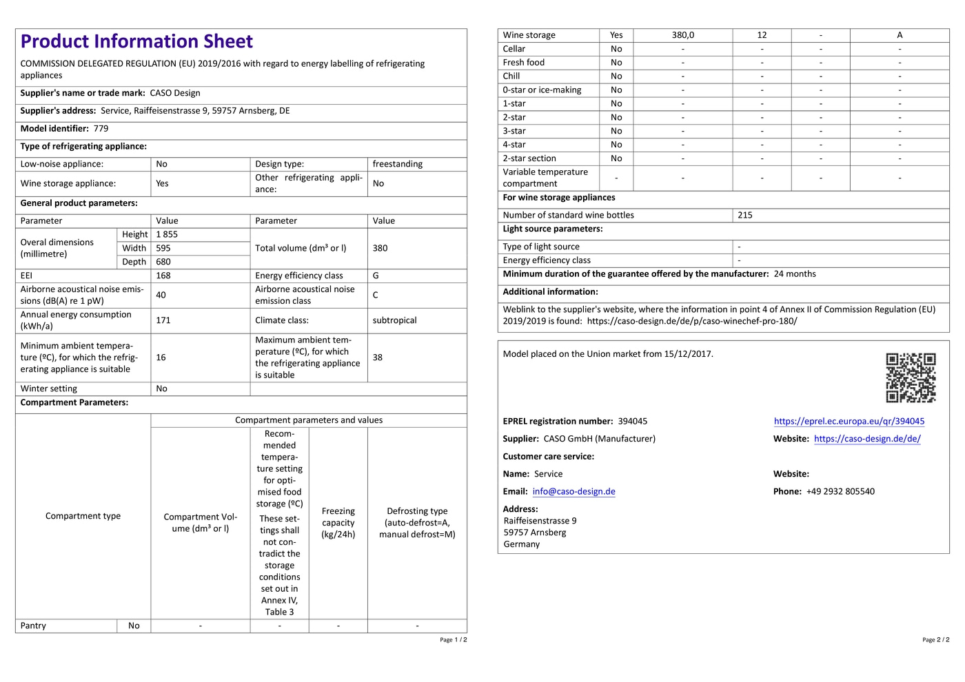 Product data sheet refrigerator: energy efficiency, wine storage, technical details, manufacturer CASO Design