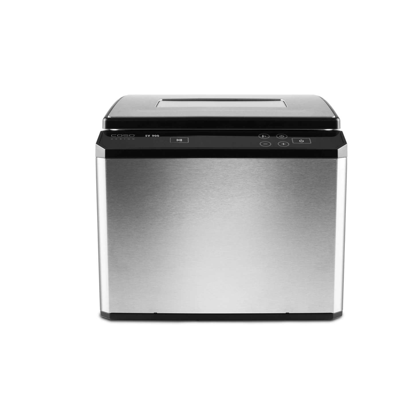 Stainless steel sous vide cooker with black lid and control panel