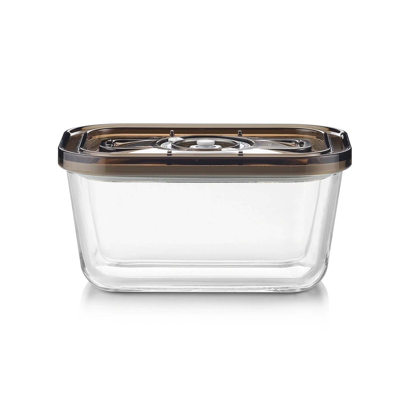 Clear rectangular glass container with brown lid and vacuum seal for food storage.