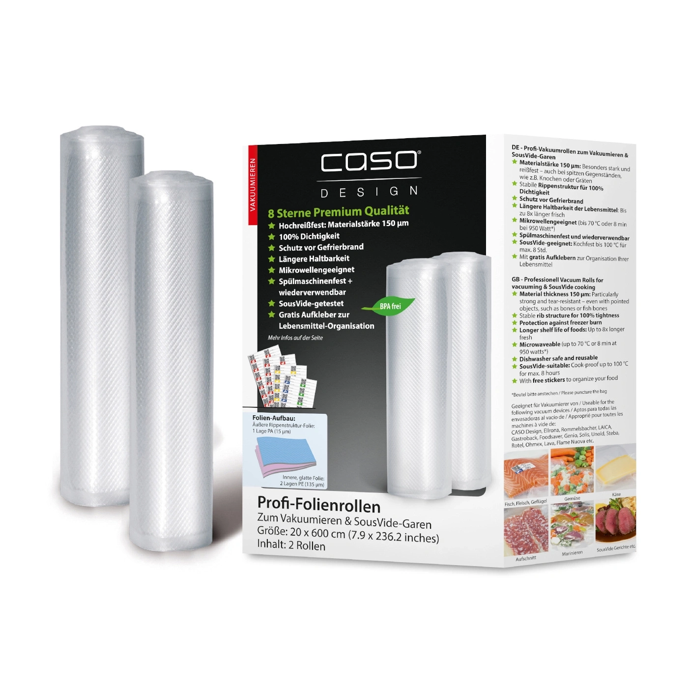 CASO vacuum rolls, 150µm, SousVide, 2 rolls, food organization, BPA free