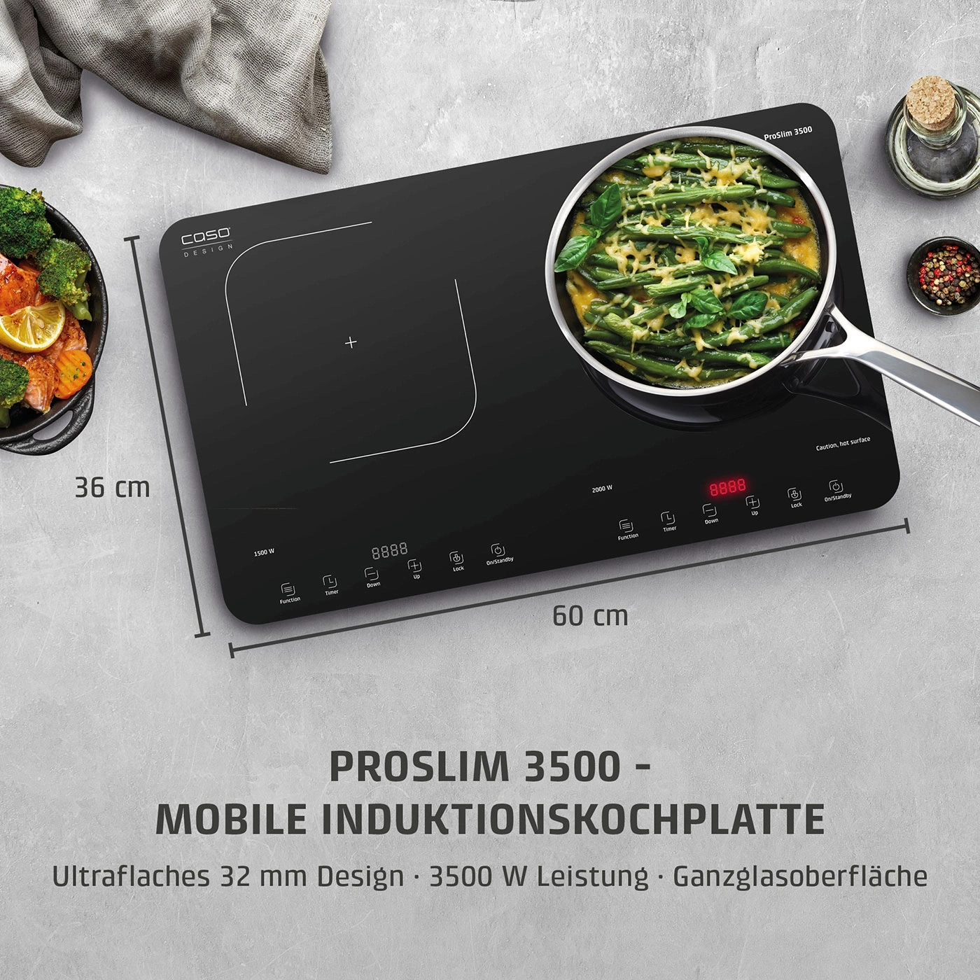 Plaque de cuisson à induction avec ustensiles et légumes