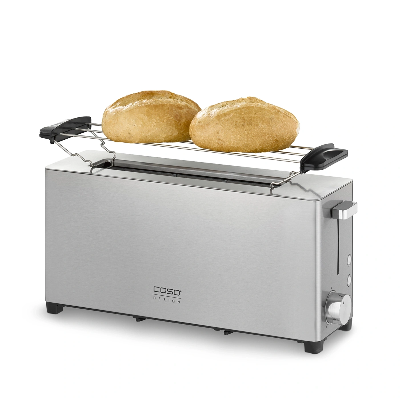 A toaster with two buns on a rack against a white background, stainless steel.