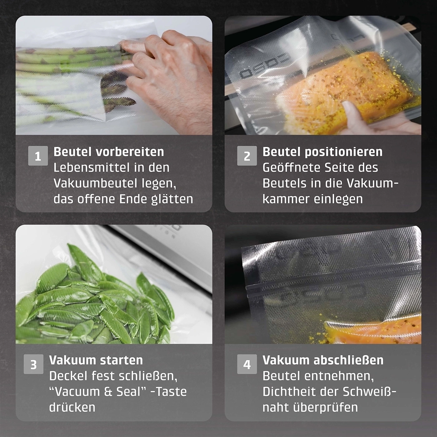 Instructions pour la mise sous vide des aliments en quatre étapes