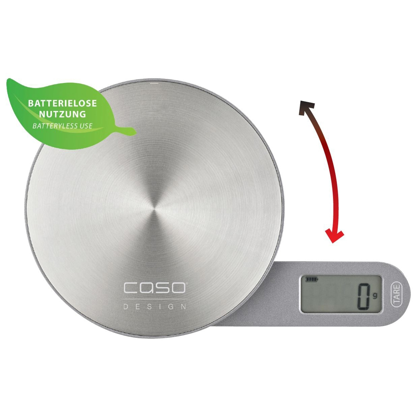 Balance de cuisine avec affichage numérique et utilisation sans batterie, design Caso.