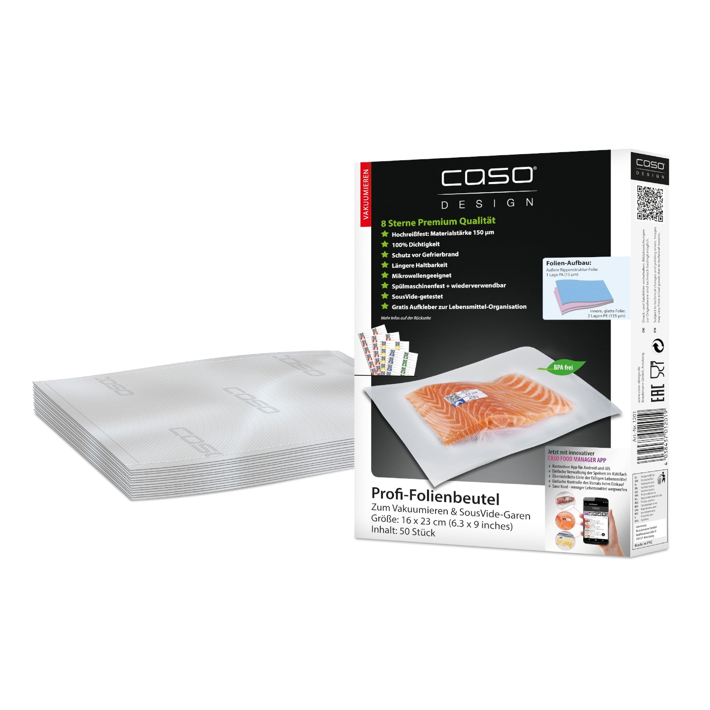 Caso Profi-Folienbeutel, Vakuumieren & SousVide-Garen, 16x23cm, 50 Stück, BPA-frei.
