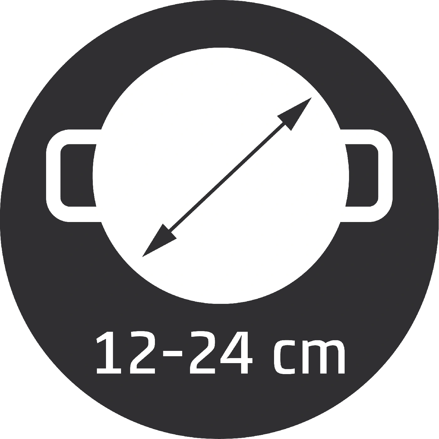 Un cercle avec une casserole, deux poignées et la mention 12-24 cm.