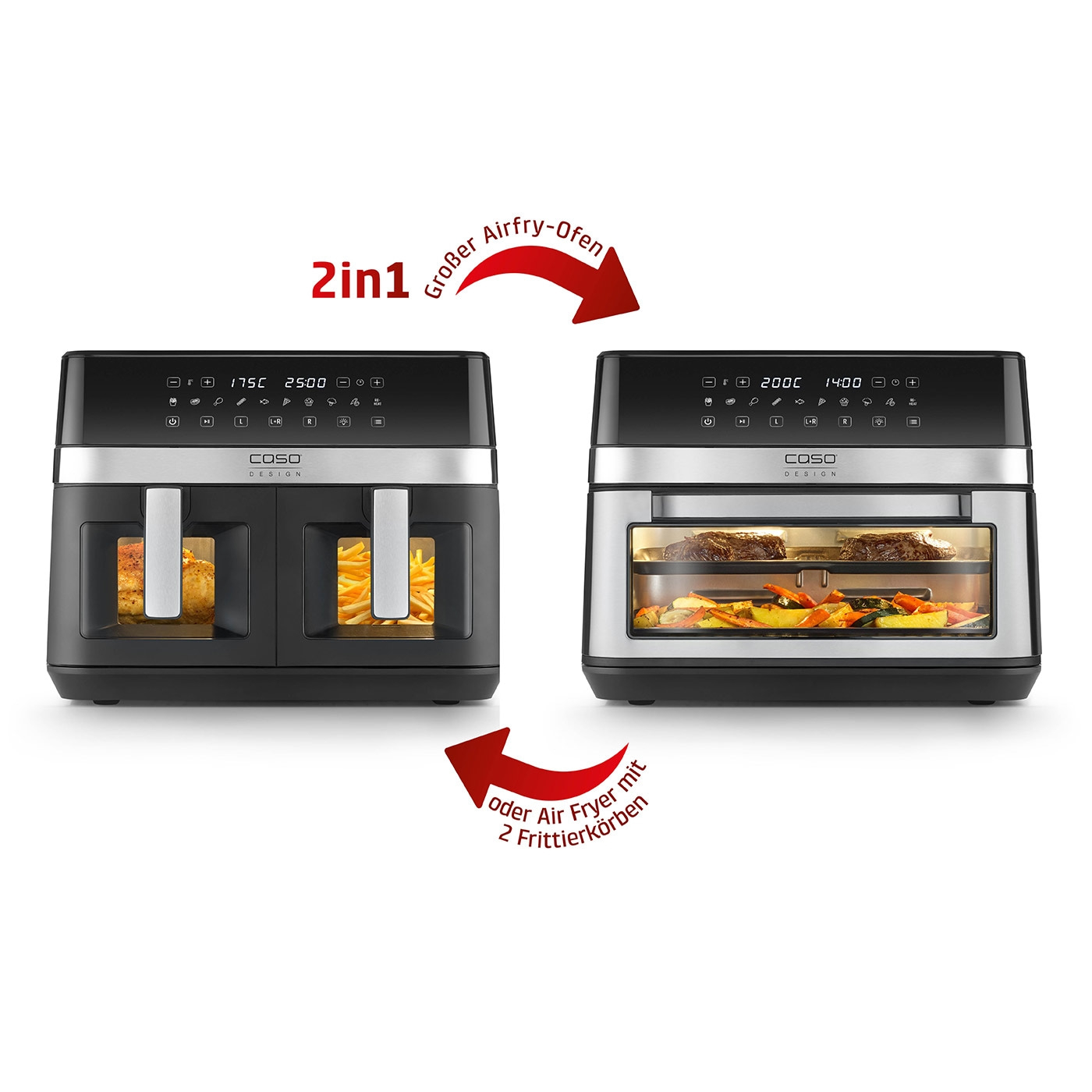 2in1 Airfryer-Ofen mit 2 Frittierkörben, schwarz und silber, Caso Design.